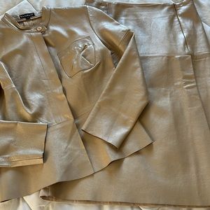 Vintage Bebe Real Leather & Linen Cream Matching Blazer And Midi Skirt Small/4